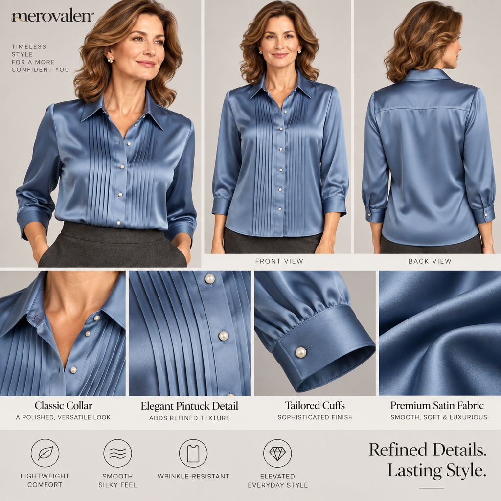 Merovalen™ Dusty Blue Pleated Satin Blouse