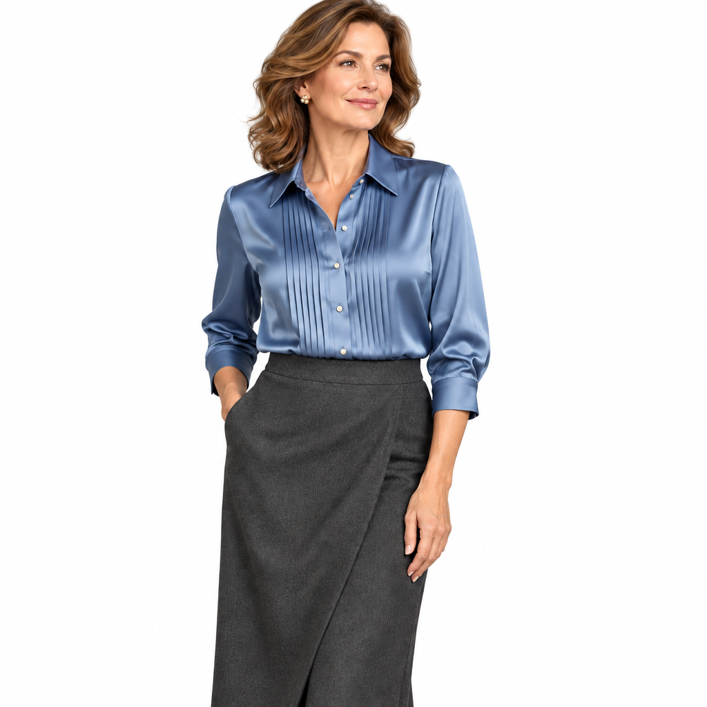 Merovalen™ Dusty Blue Pleated Satin Blouse