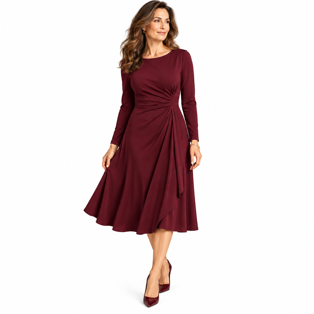 Merovalen™ Burgundy Draped A-Line Midi Dress