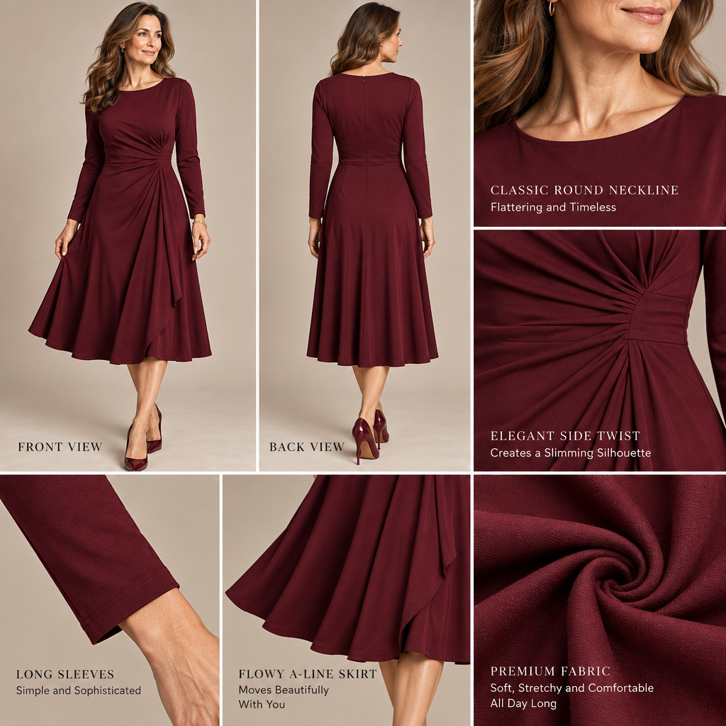 Merovalen™ Burgundy Draped A-Line Midi Dress