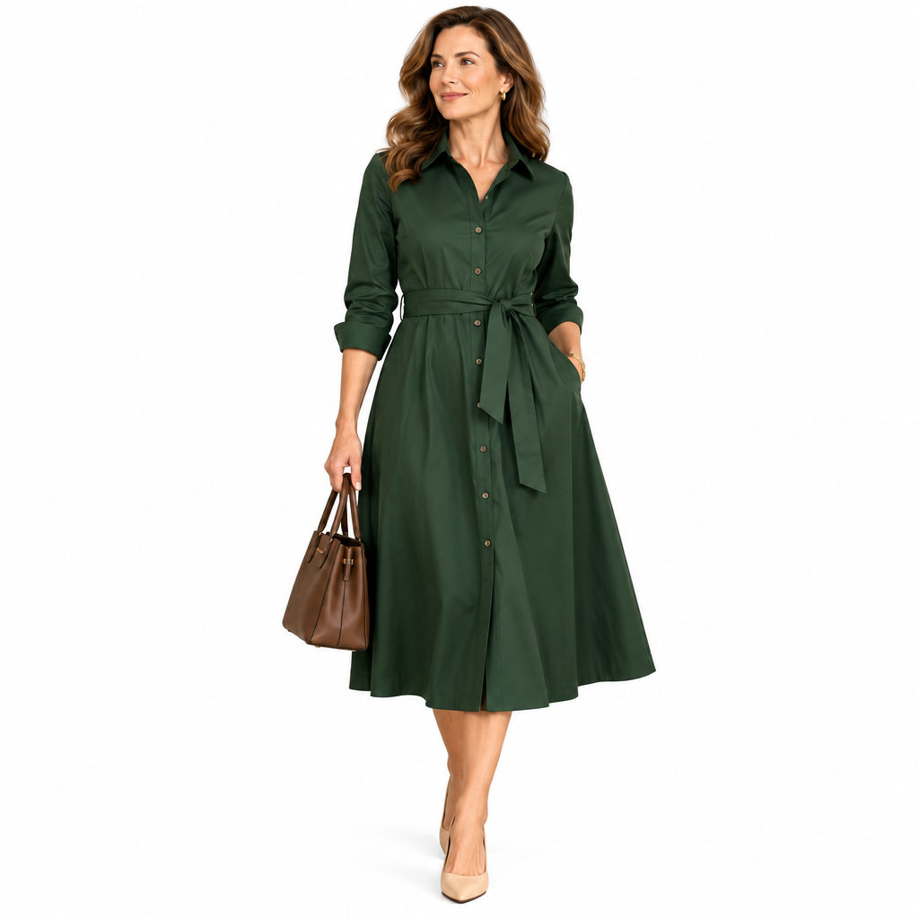 Merovalen™ Forest Green Belted Shirt Dress