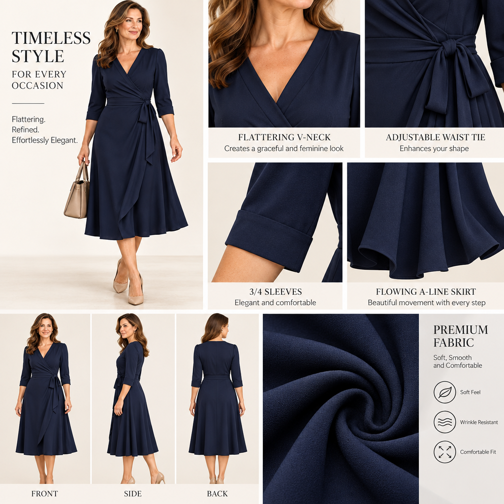 Merovalen™ Navy Elegance Wrap Midi Dress