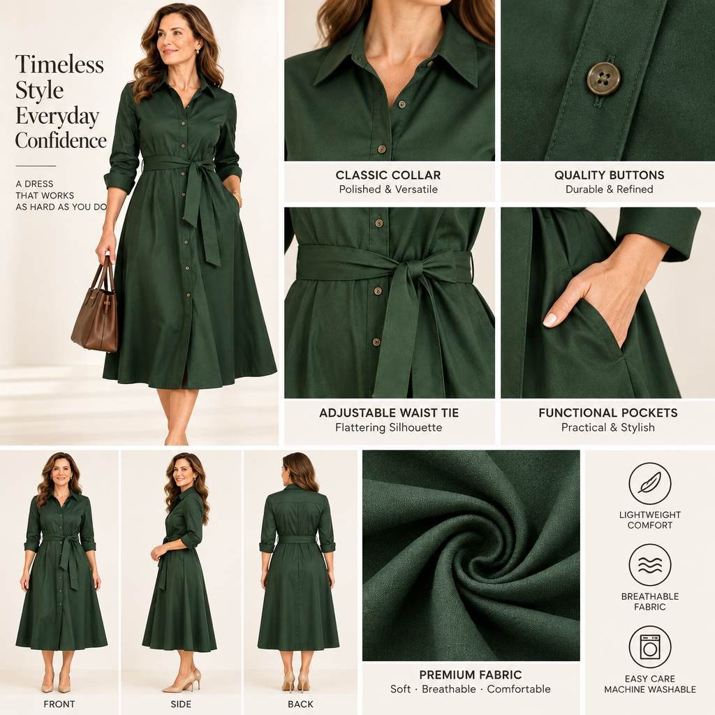 Merovalen™ Forest Green Belted Shirt Dress